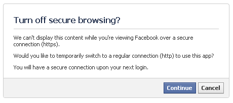 Facebook warning: We can't display this content while you're viewing Facebook over a secure connection (https)