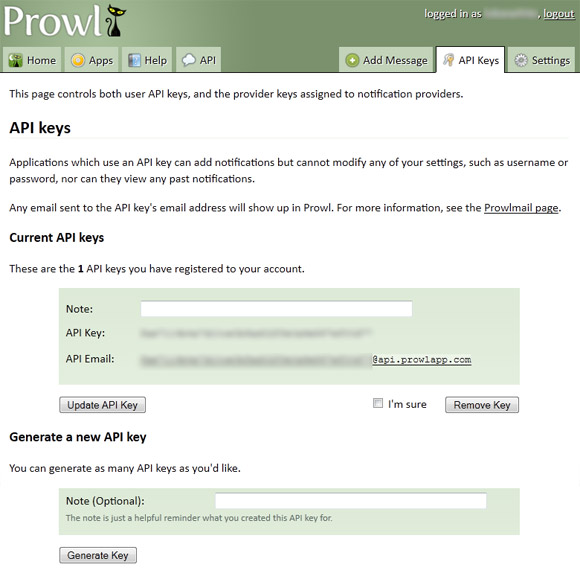 Configuring Prowl API keys, for iOS Push Notifications for Drupal